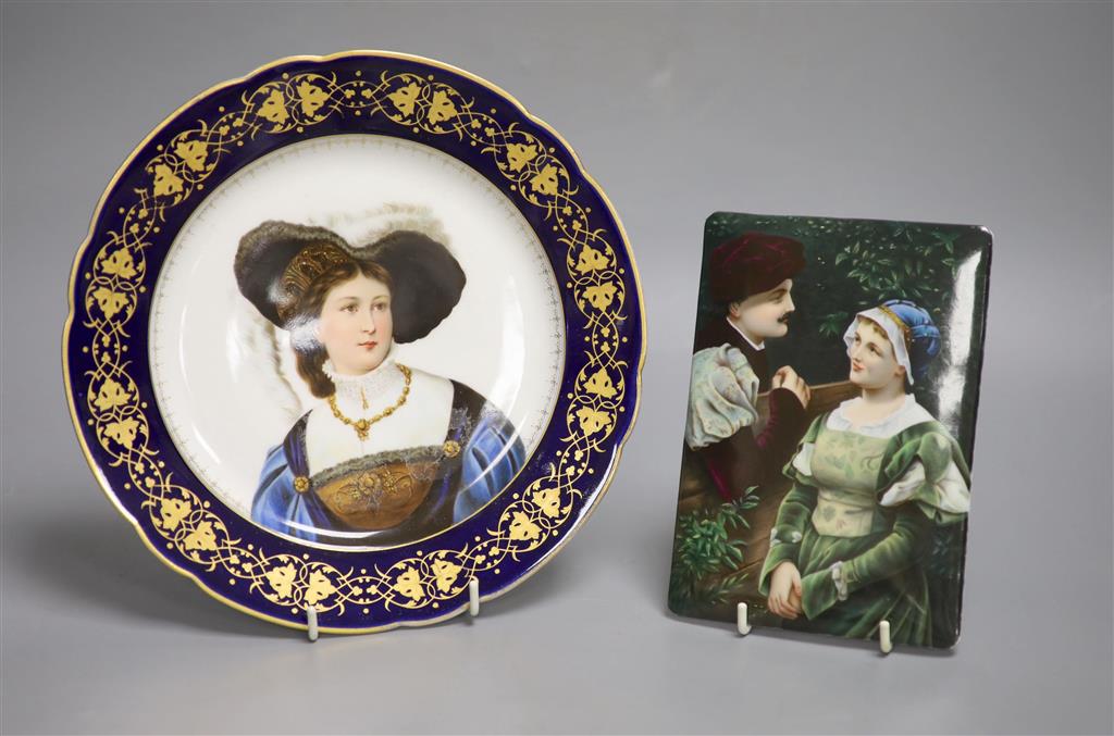 A 19th century Berlin style porcelain plaque and a plate, diameter 24cm
